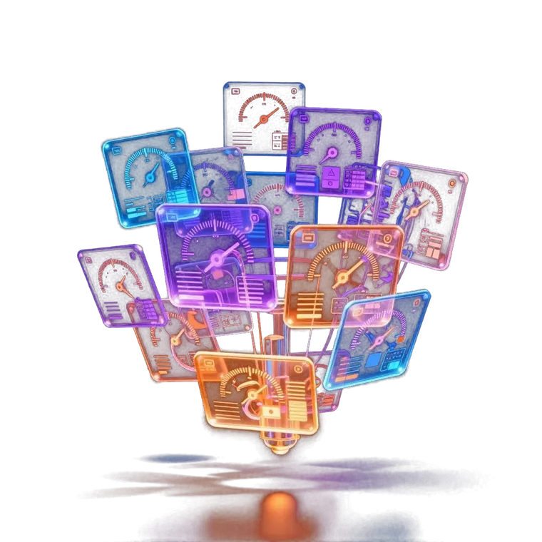 Cluster of glowing holographic dashboard panels and gauges, representing a marketing operations console