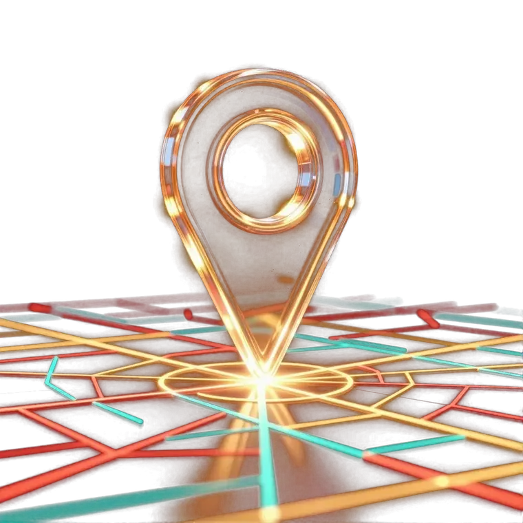 Glowing map location pin rising above a lit grid of streets, representing local SEO