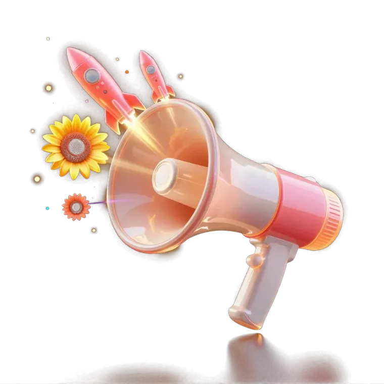 Glowing megaphone launching luminous rockets and particles, representing AI marketing