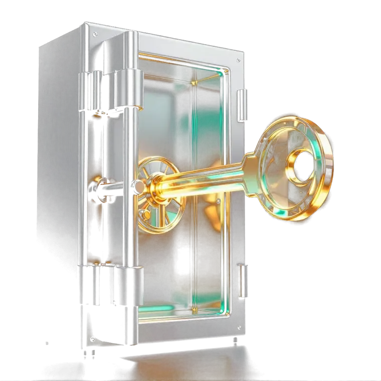 Glowing vault door ajar with a beam of light passing through, representing a secure client portal