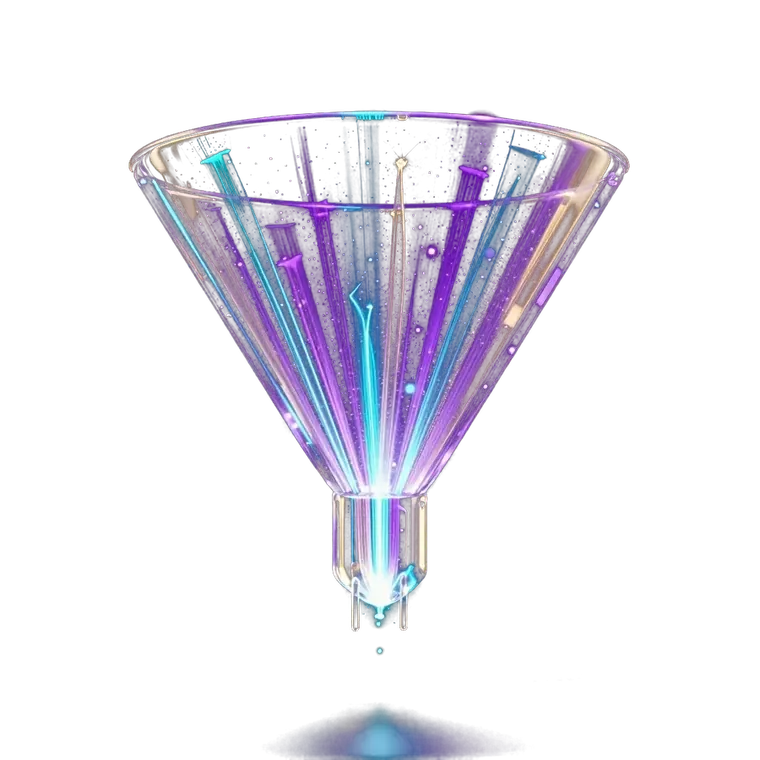 Glowing funnel with streams of light converging to one point, representing an AI sales system
