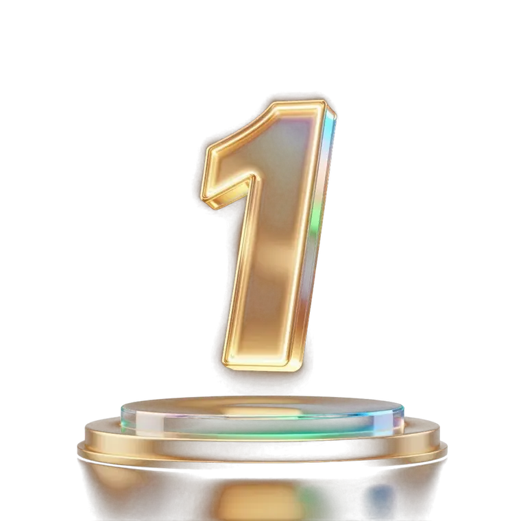 Glowing number-one ranking badge rising on a podium of light, representing SEO