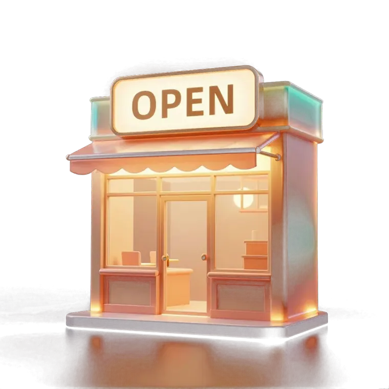 Warm glowing storefront with an open sign, representing AI for small business