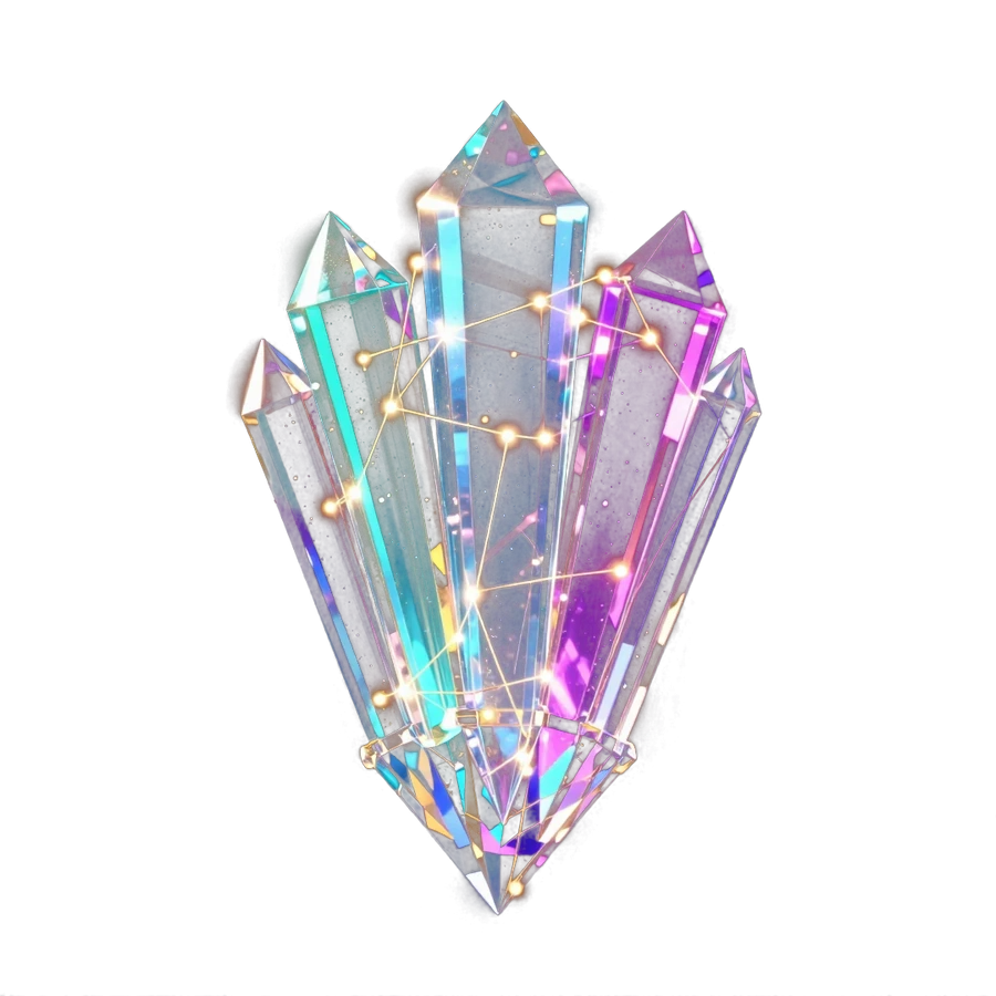 Glowing 3D crystal cluster threaded with a golden data-constellation network, representing connected marketing metrics and conversion analytics