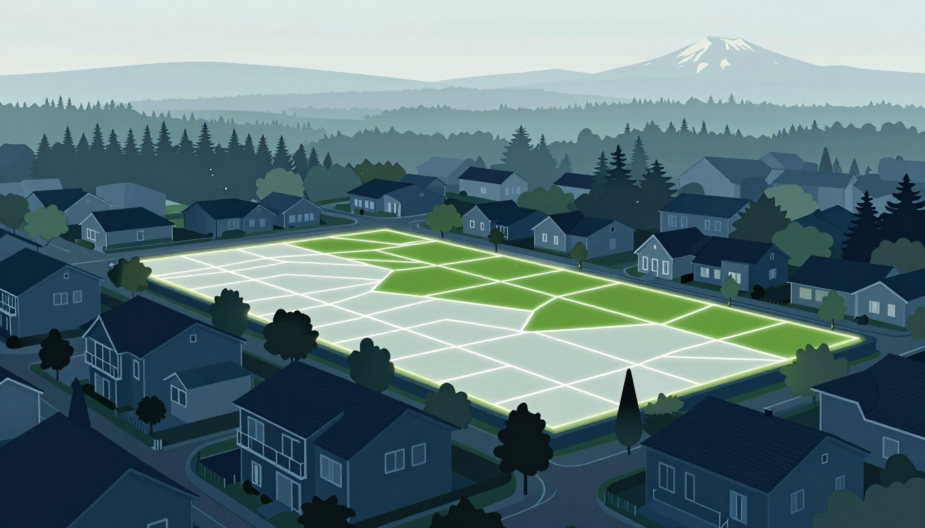 Aerial view of a Portland neighborhood divided into exclusive dental-SEO territory markets, with Mount Hood on the horizon