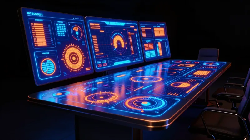AI dashboard strategy — war-room table of holographic charts