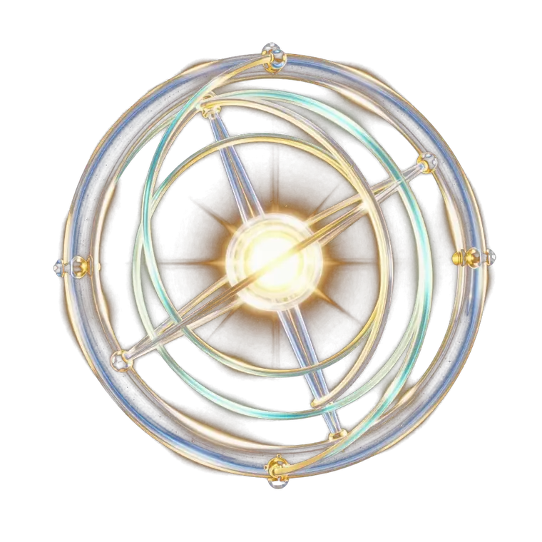 Glowing orrery of concentric rings orbiting a bright core, representing master strategy